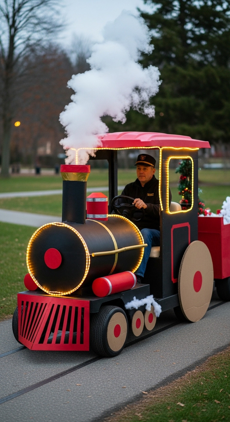 13 Stunning Golf Cart Decorating Ideas For Christmas Parades North Pole Express Train Golf Cart Disguised As A Steam Engine With Cardboard Wheels Smokestack And A Conductor Driver