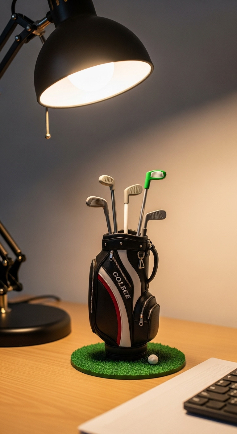 Novelty Golf Bag Pen Holder With Club-Shaped Pens On A Teenager'S Wooden Desk With A Blurred Bedroom Background
