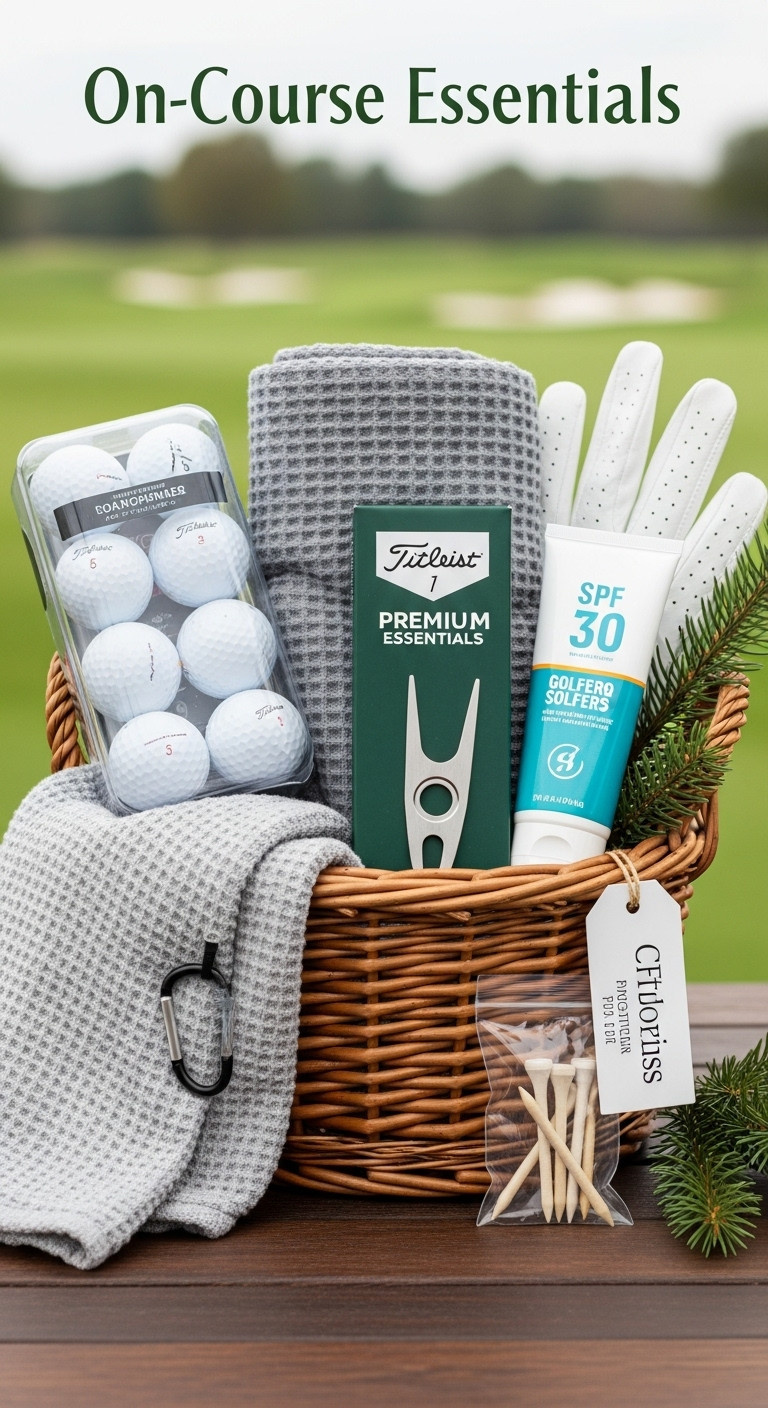 On Course Essentials Golf Gift Basket With Premium Golf Balls Towel Divot Tool Tees And Sunscreen For Christmas