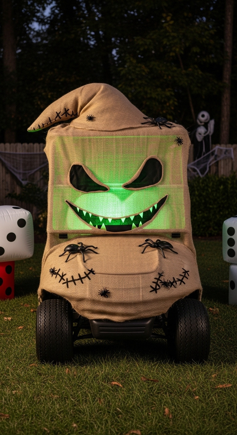 7 Brilliant Nightmare Before Christmas Golf Cart Ideas Oogie Boogie Themed Golf Cart Draped In Burlap With Glowing Green Interior And Inflatable Dice At Night