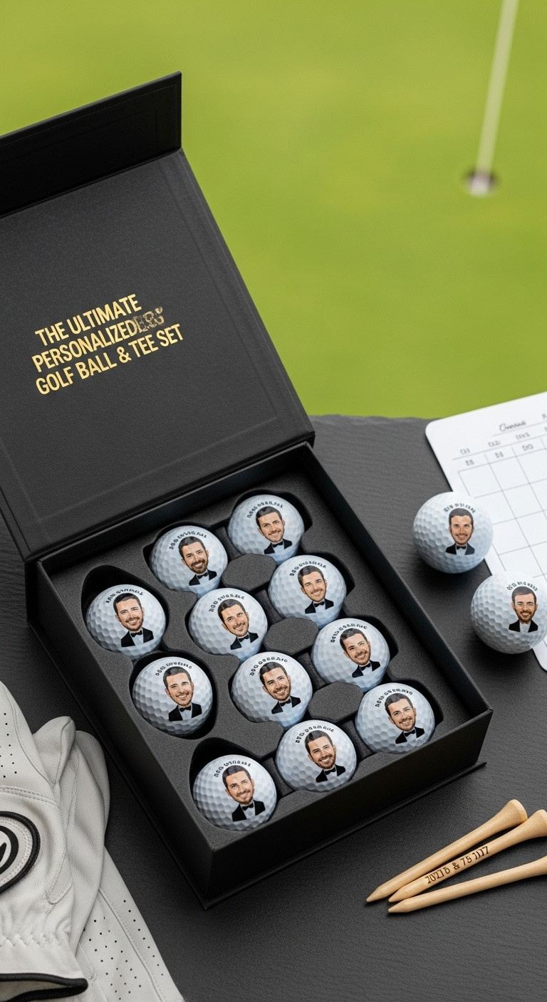 Open Gift Box With Custom Golf Balls With Groom Caricature And Engraved Wooden Tees
