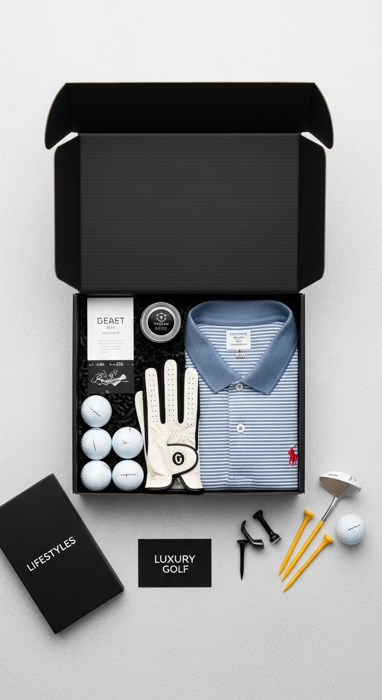 Opened Premium Black Subscription Box With High End Golf Balls Stylish Glove Designer Polo Shirt And Luxury Golf Tees