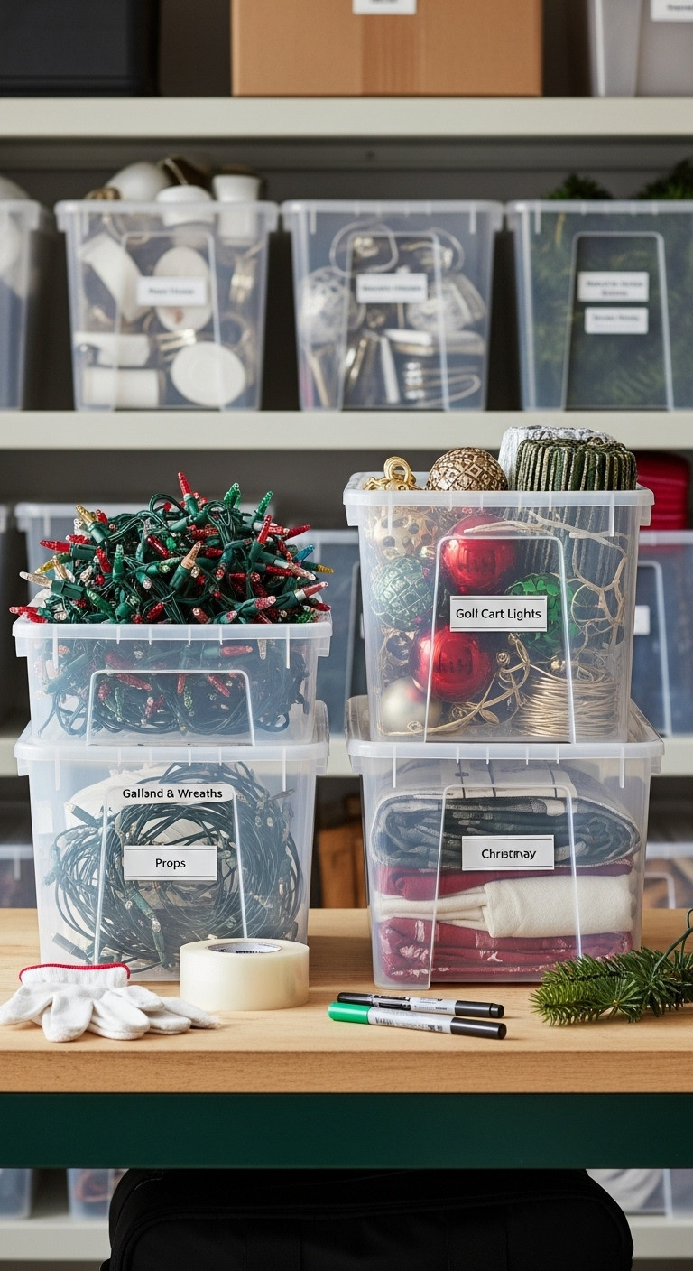 Decorate Your Golf Cart For Christmas With 7 Genius Ideas Organized Clear Storage Bins For Golf Cart Christmas Decorations: Coiled Lights, Wrapped Ornaments, And Garland For Post-Holiday Storage.