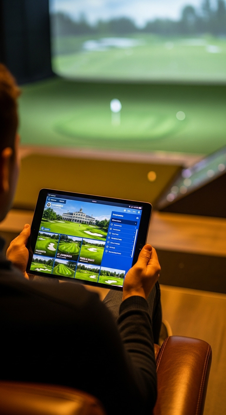 Over The Shoulder View Of A Person Holding A Tablet Displaying A Vibrant Golf Simulator Software Interface