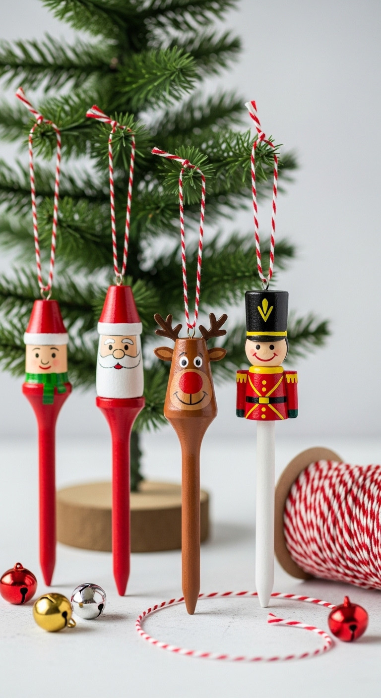 Painted Golf Tee Character Ornaments Santa Reindeer Toy Soldier Hanging From A Tabletop Tree With Jingle Bells