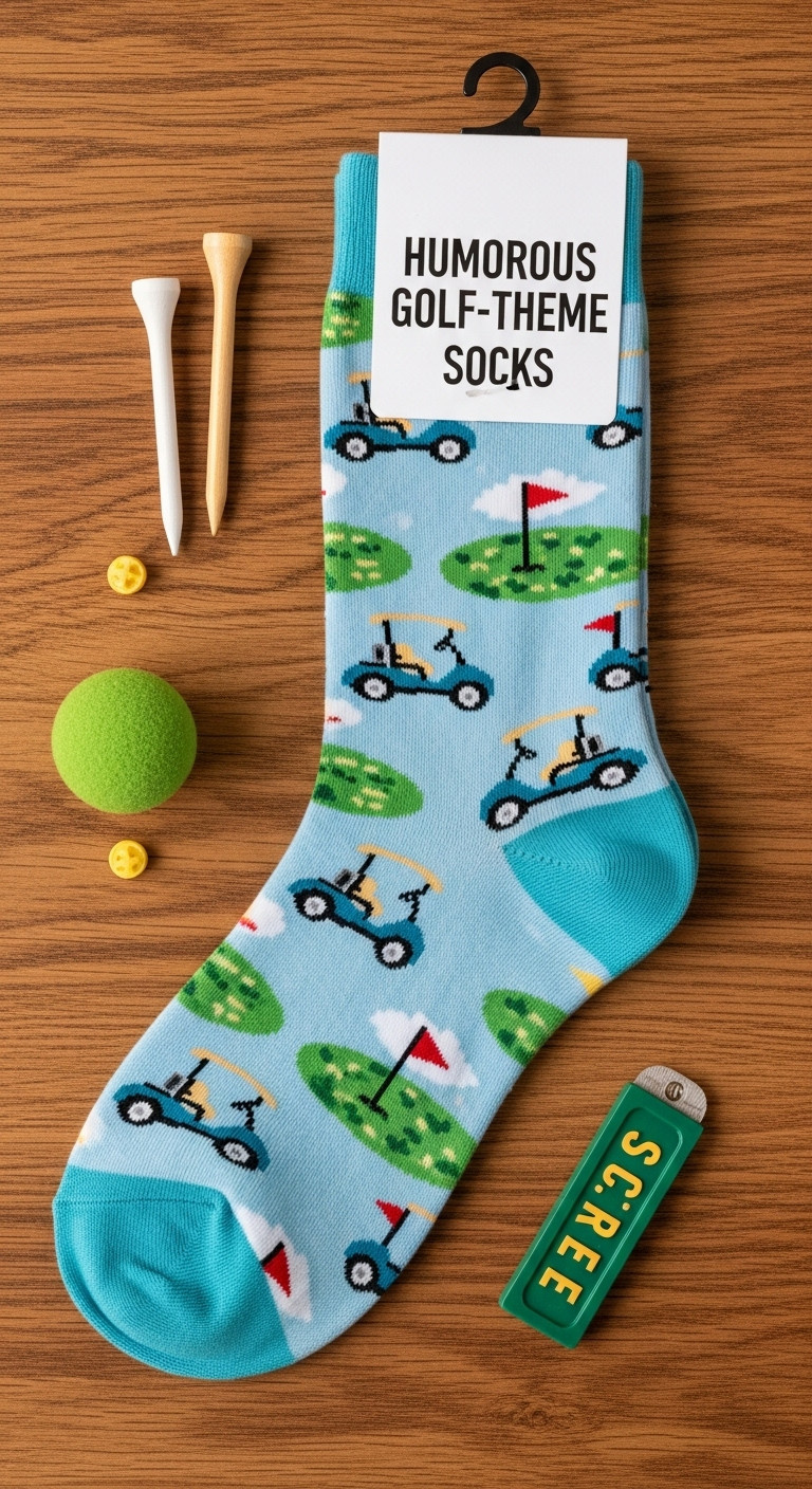 Pair Of Fun Novelty Golf Socks With Colorful Golf Carts And Flags Pattern And I'D Rather Be Golfing Phrase
