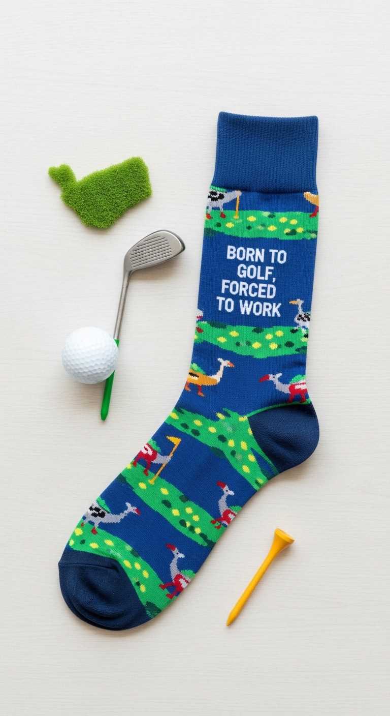 Pair Of Novelty Golf Socks With Funny Born To Golf Forced To Work Pattern Laid Flat With A Golf Ball And Tee
