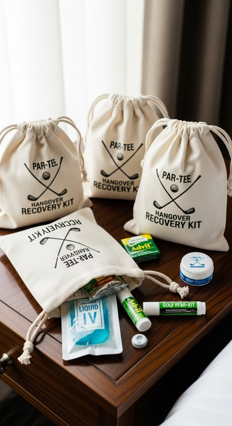 &Quot;Par-Tee Recovery Kit&Quot; Drawstring Bags With Hangover Relief Items On A Nightstand