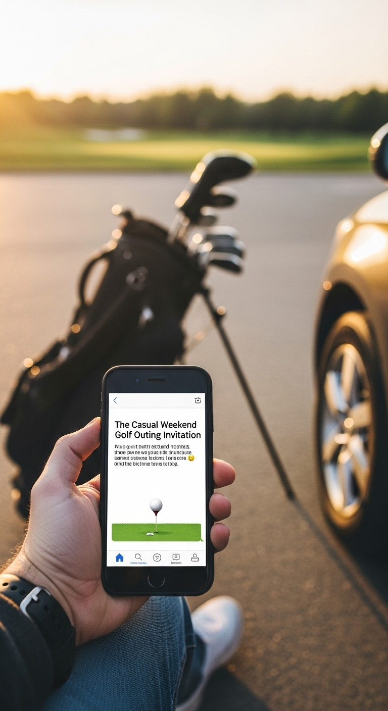 Person Holding Smartphone With Casual Golf Invitation Text Message Golf Bag And Car In Blurred Background At Sunset
