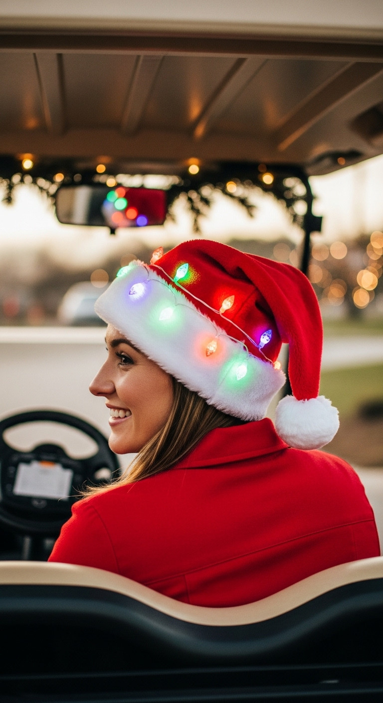 Person Smiling In A Light-Up Santa Hat In The Driver'S Seat Of A Golf Cart