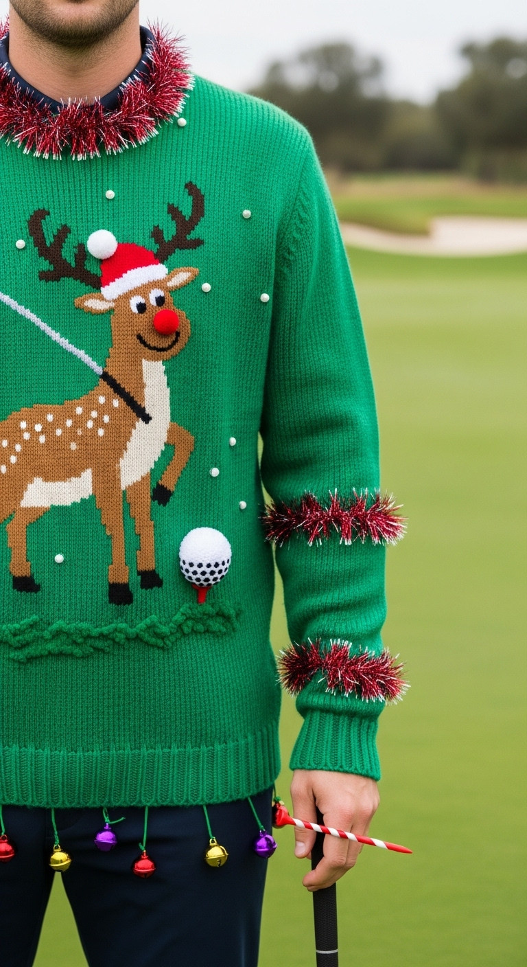 Person Wearing An Ugly Christmas Golf Sweater With Reindeer Swinging A Club On A Green Golf Course
