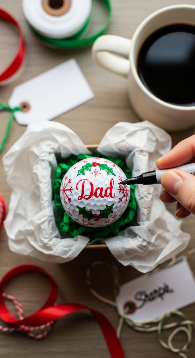 Personalized Sharpie Art Gift Ball With Snowflakes And Dad'S Name Placed In A Gift Box With Wrapping Supplies