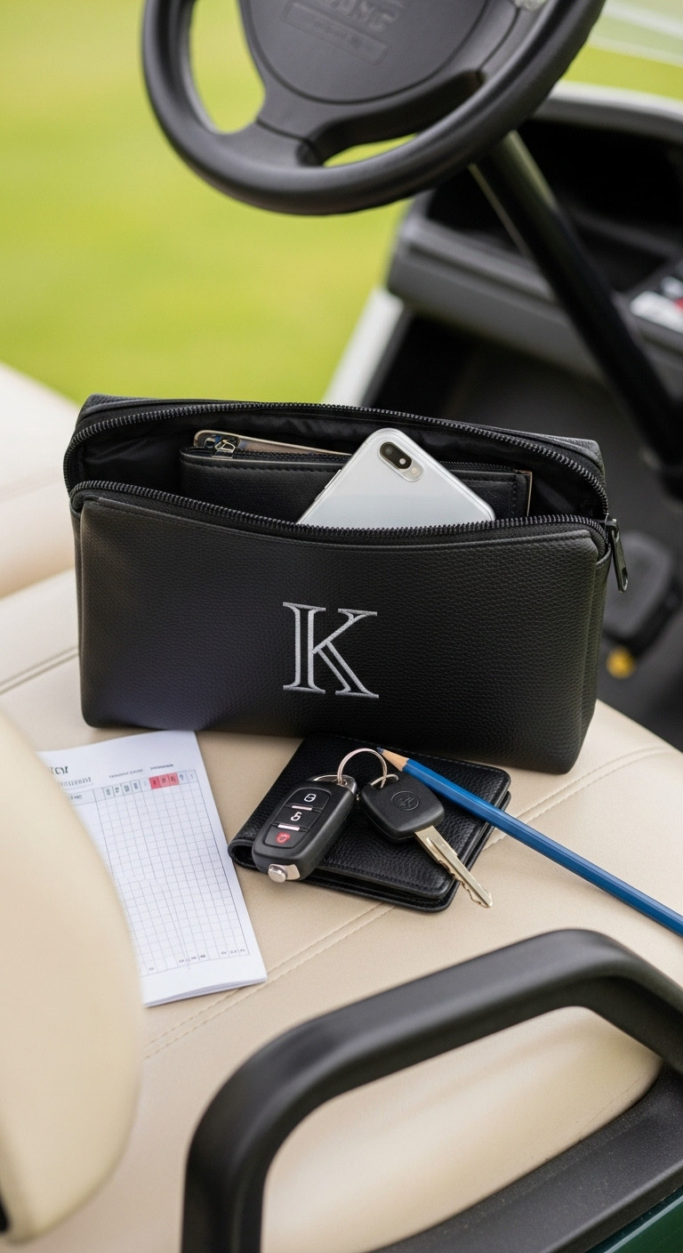 Personalized Black Leatherette Golf Valuables Pouch With Embroidered Initial In Golf Cart