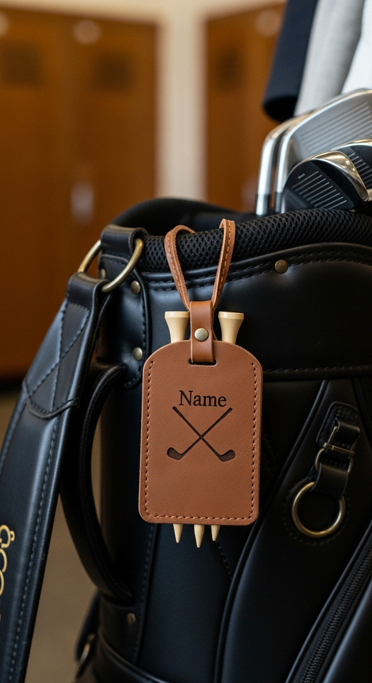 Personalized Brown Leatherette Golf Bag Tag With Engraved Name And Wooden Tees On A Premium Golf Bag In A Blurred Pro Shop