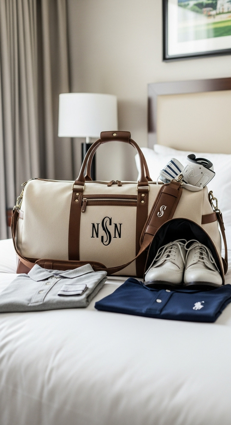 Personalized Canvas Golf Duffle Bag With Embroidered Initials Packed On A Hotel Bed With Golf Shoes And Polo Shirt