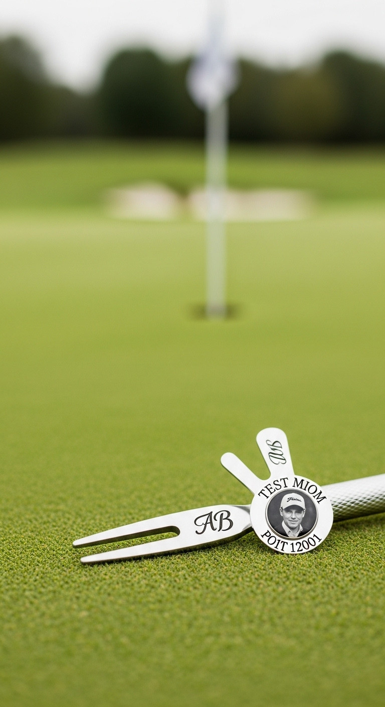 Personalized Engraved Divot Tool And Custom Photo Ball Marker On A Golf Green