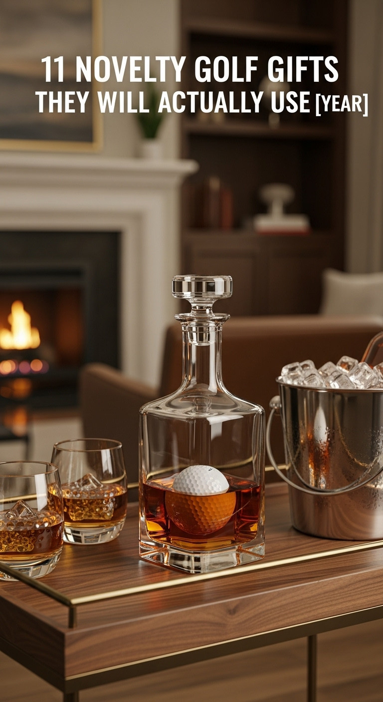 Personalized Golf Ball Decanter Set On A Dark Wood Bar Cart With Whiskey Glasses And Ice Bucket In A Cozy Living Room