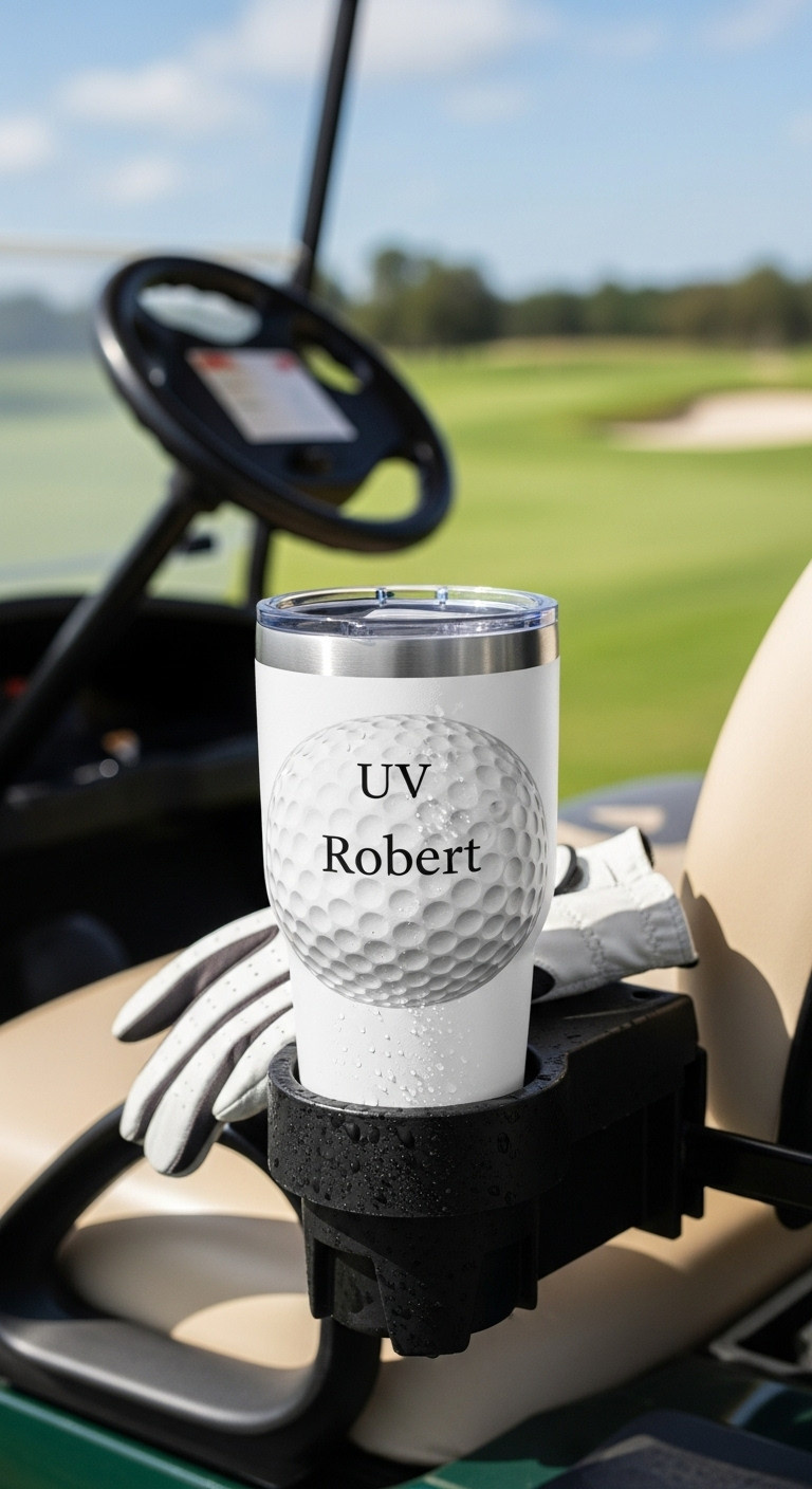 Personalized Golf Ball Dimple Tumbler In A Golf Cart Cup Holder With A Blurred Fairway Background