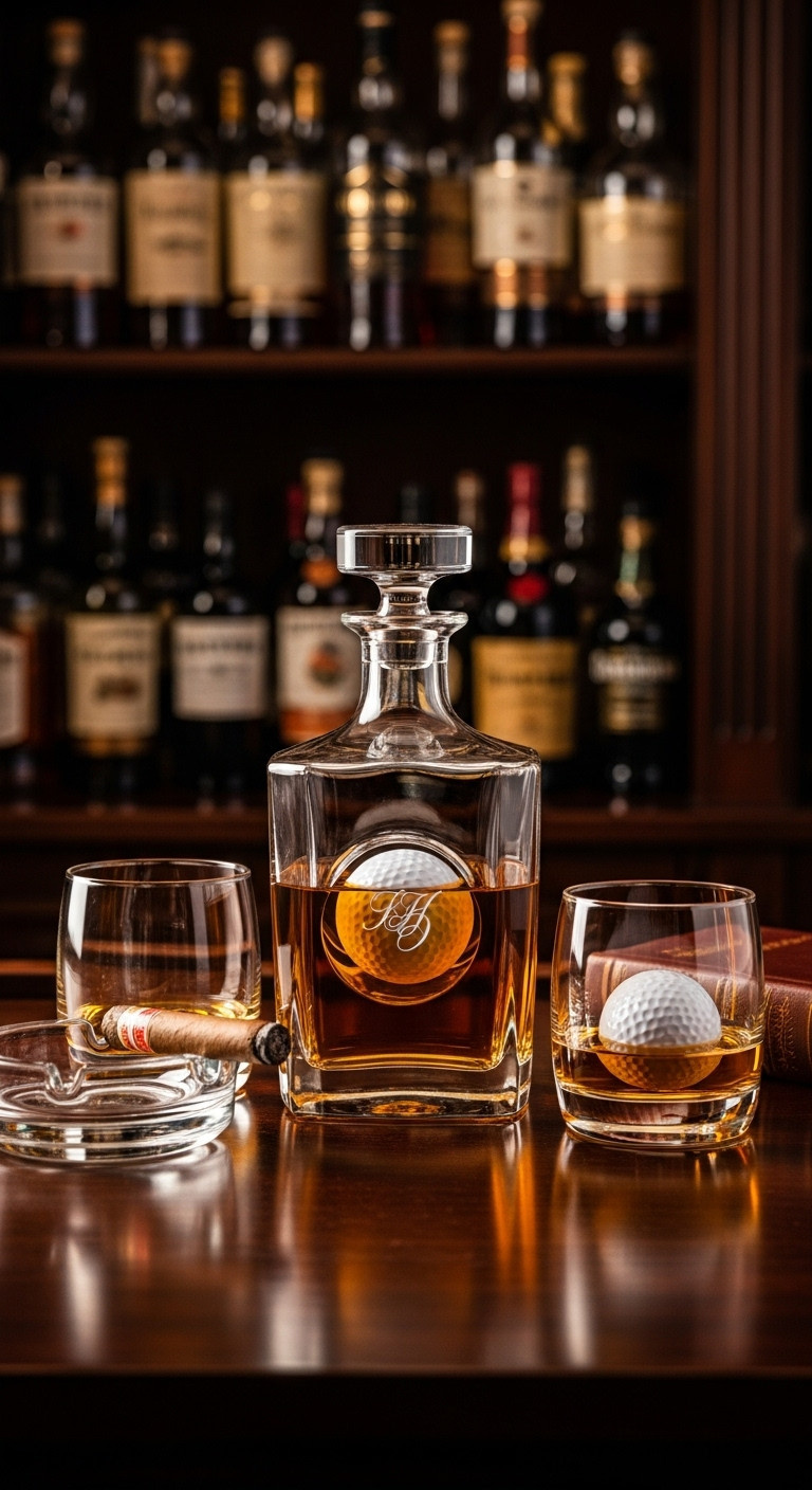 Personalized Golf Ball Whiskey Decanter Set On A Mahogany Bar With Glasses And A Lit Cigar