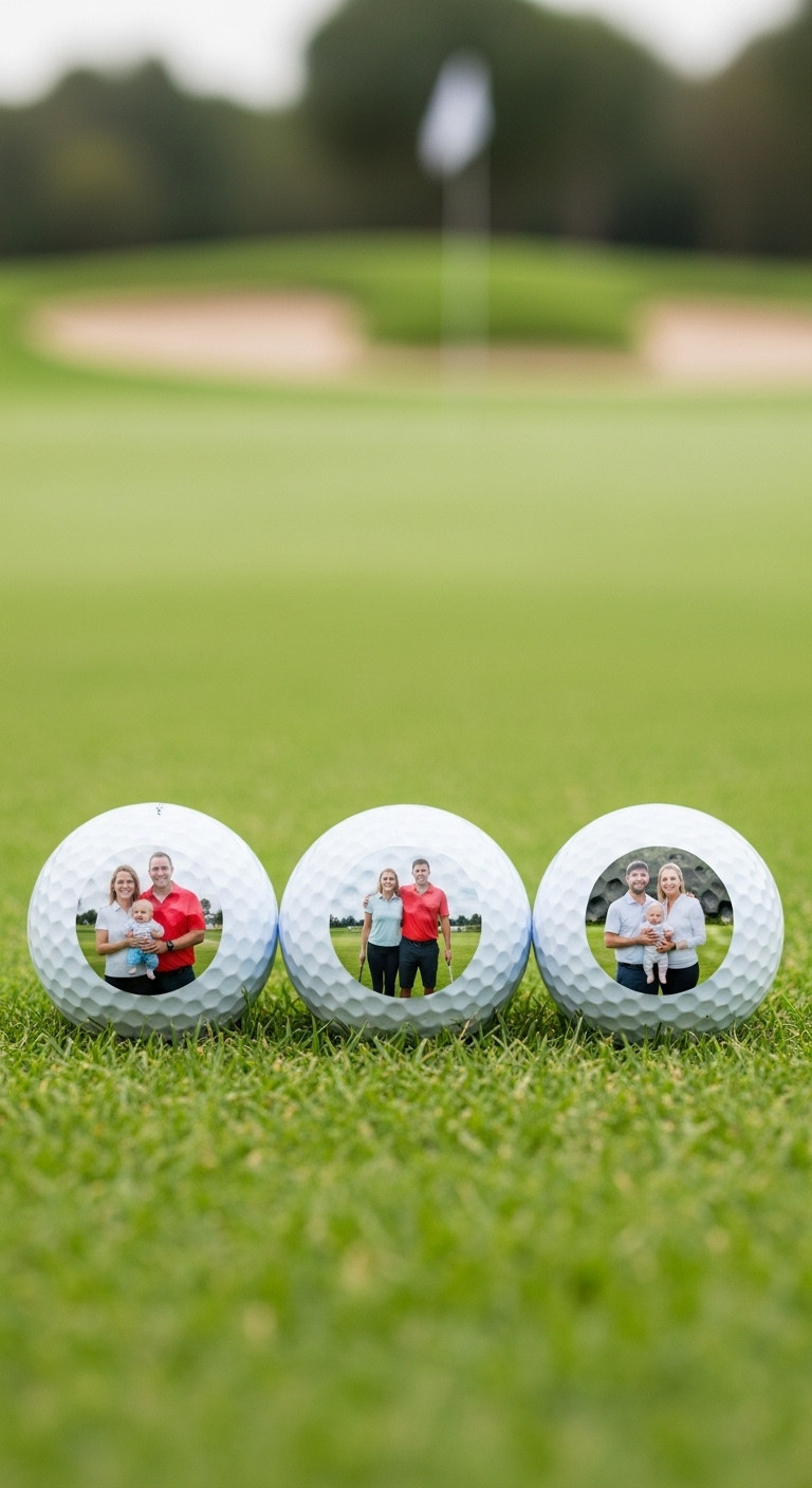 Personalized Golf Balls With Family Photos On A Green For Christmas Gift