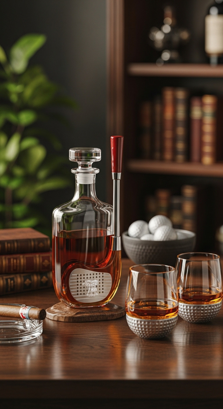 Personalized Golf Club Whiskey Decanter With Matching Glasses On A Rustic Table With A Blurred Home Bar Background