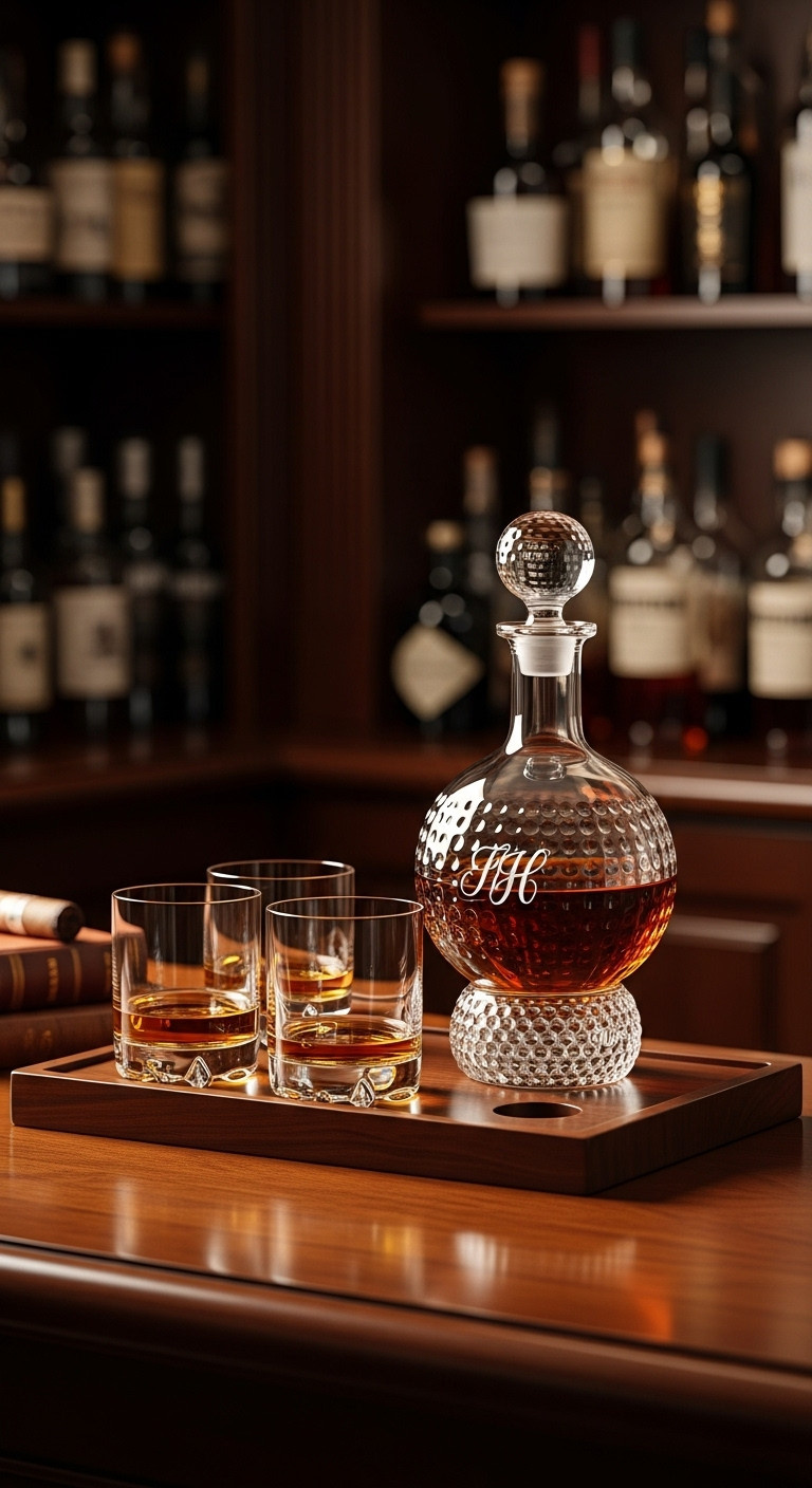 Personalized Golf Decanter Set With Glasses On A Bar Top Featuring A Golf Ball Texture And Elegant Initials