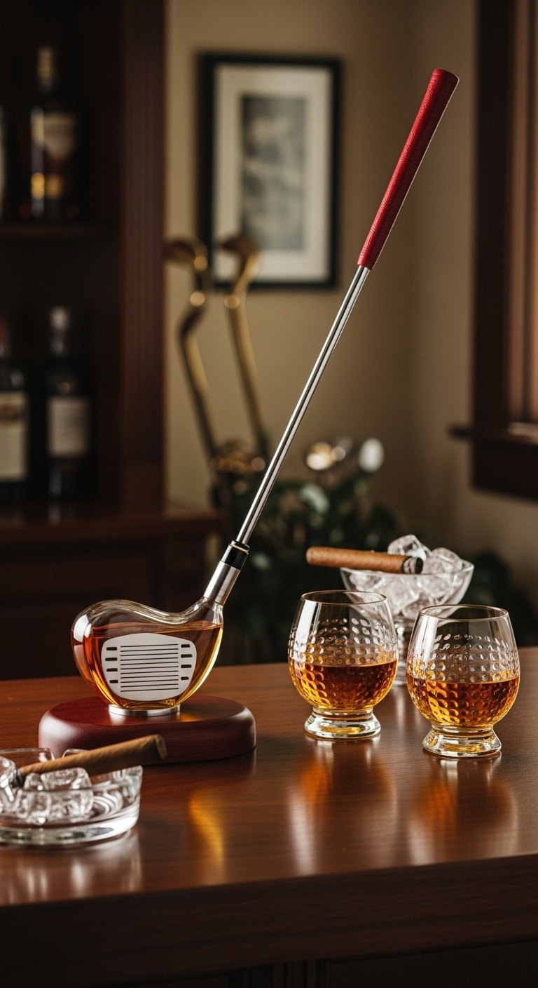 Personalized Golf Themed Whiskey Decanter Set With Golf Ball Glasses On A Dark Wood Bar With Subtle Golf Decor In The Background