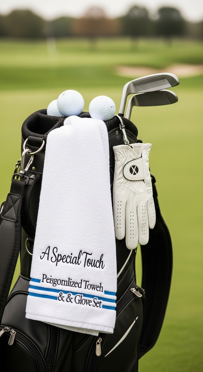 Personalized Golf Towel And Matching Junior Golf Glove On A Stylish Bag On A Golf Course