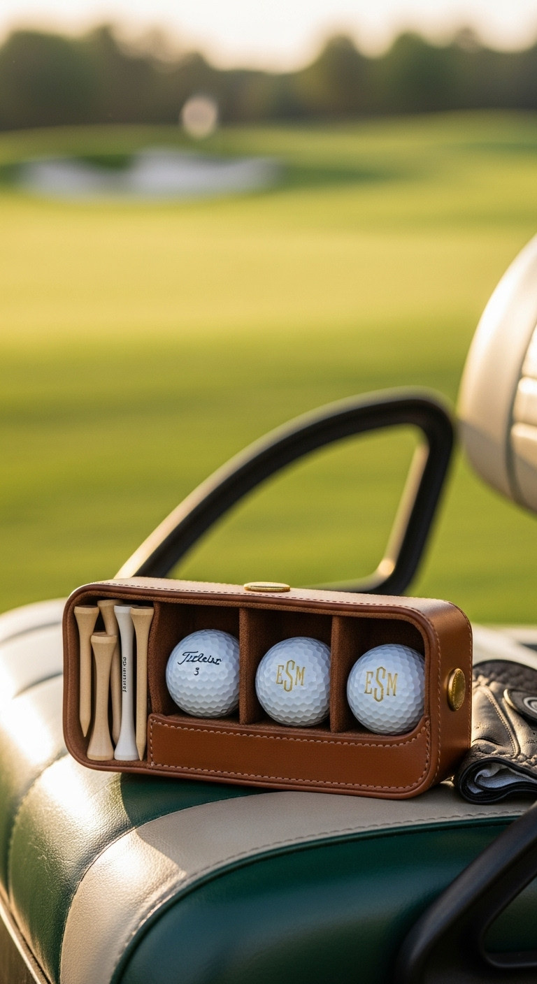 Personalized Leather Golf Ball And Tee Caddy With Monogrammed Golf Balls In A Golf Cart