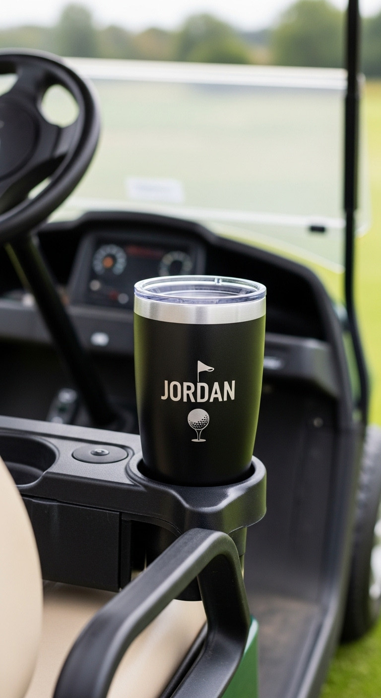 Personalized Matte Black Golf Tumbler With Laser-Engraved Name In A Golf Cart Cup Holder On A Sunny Green Course