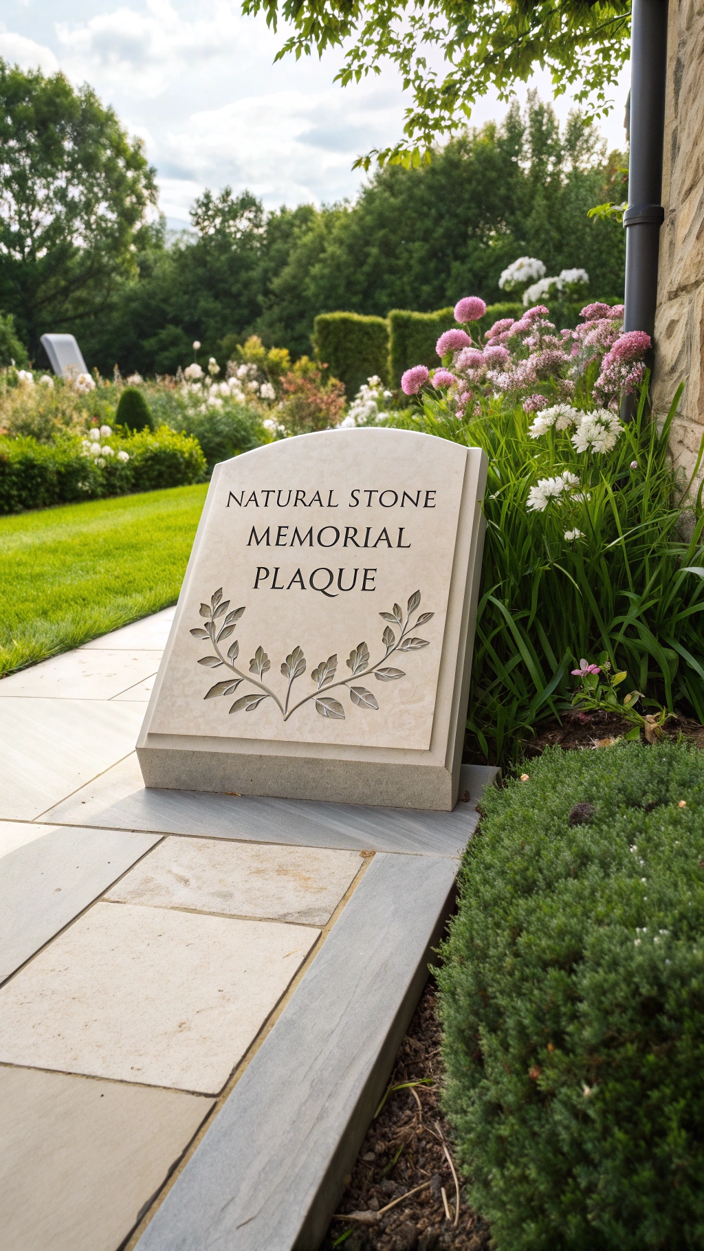 Personalized Memorial Garden Stone With A Golfer Silhouette In A Serene Sun Dappled Garden Among Lush Green Foliage And Soft Focus Flowers