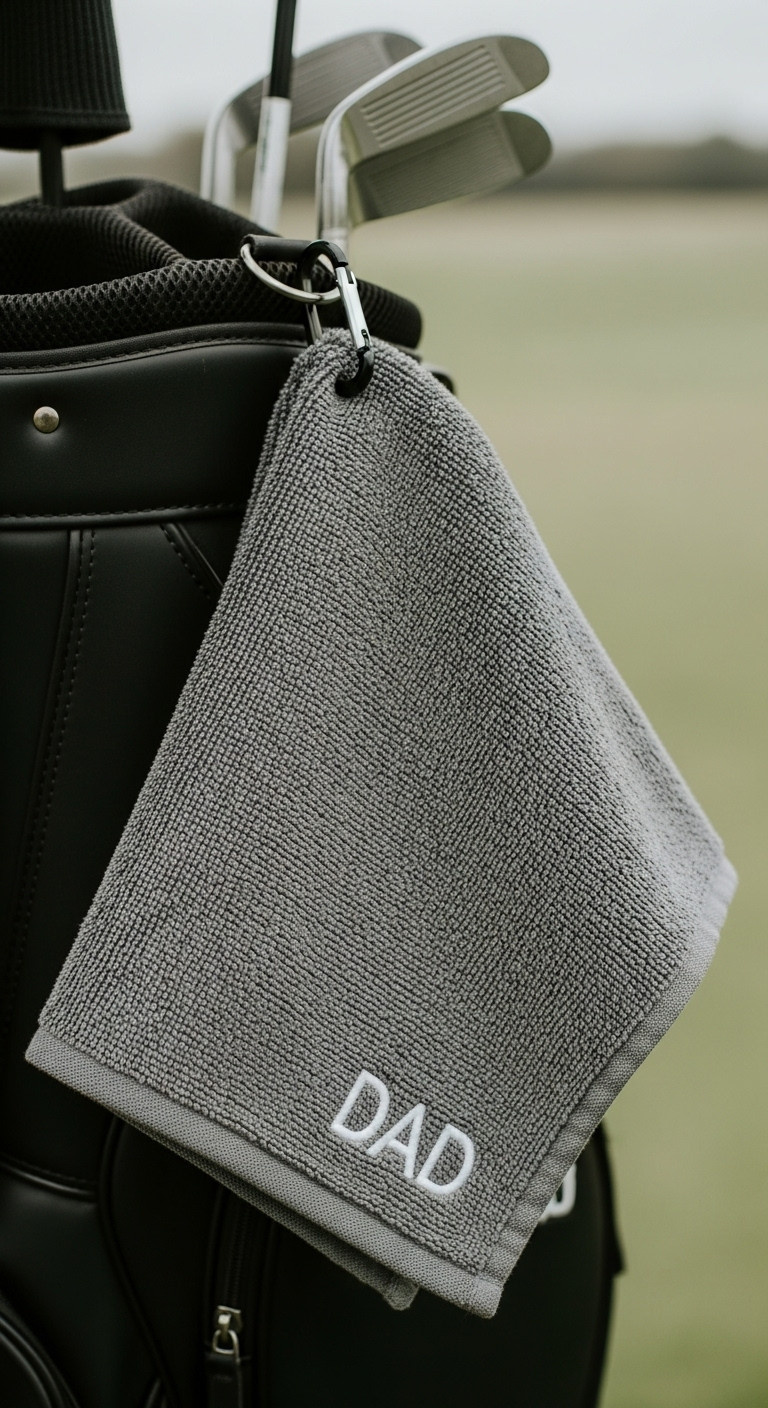 Personalized Microfiber Golf Towel With &Quot;Dad&Quot; Embroidered Hanging From A Golf Bag On A Course