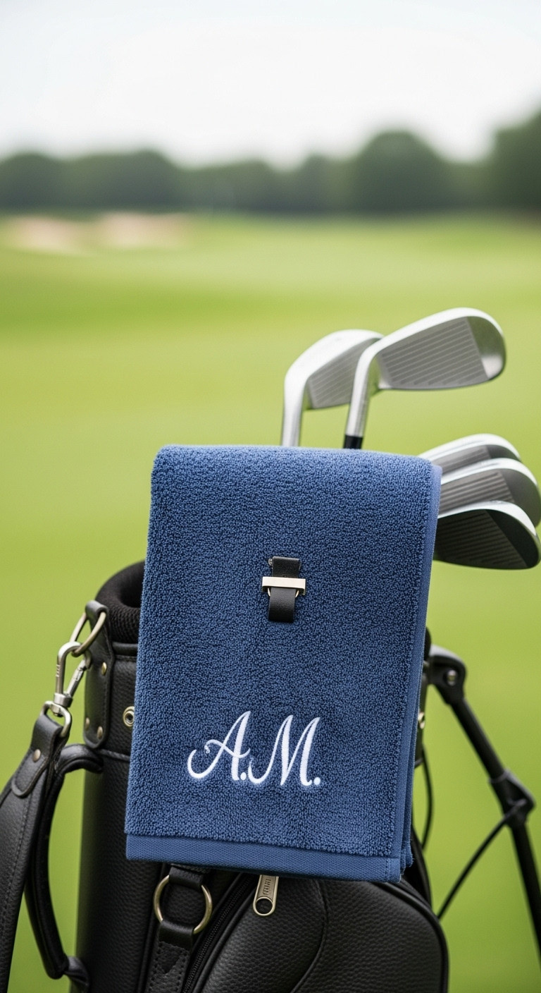 Personalized Navy Blue Golf Towel With White Embroidered Initials Attached To A Leather Golf Bag On A Course