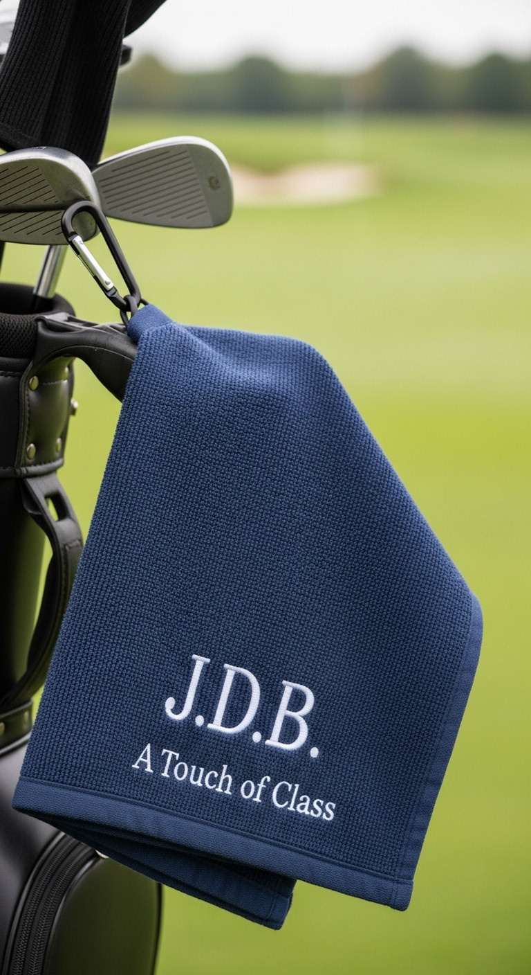 Personalized Navy Microfiber Golf Towel With Embroidered Initials On A Leather Golf Bag