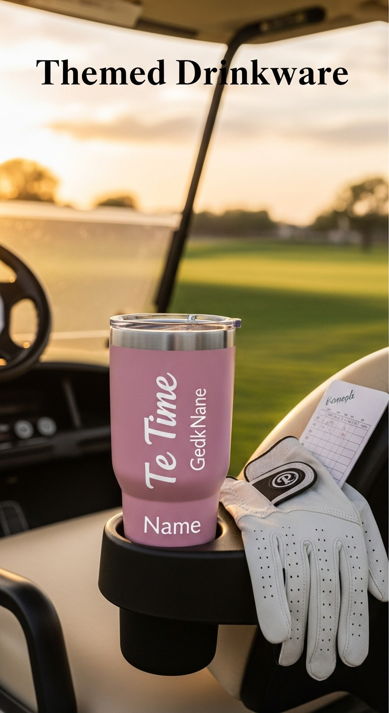Personalized Pink Golf Tumbler In A Golf Cart Cup Holder At Sunset With Glove And Scorecard