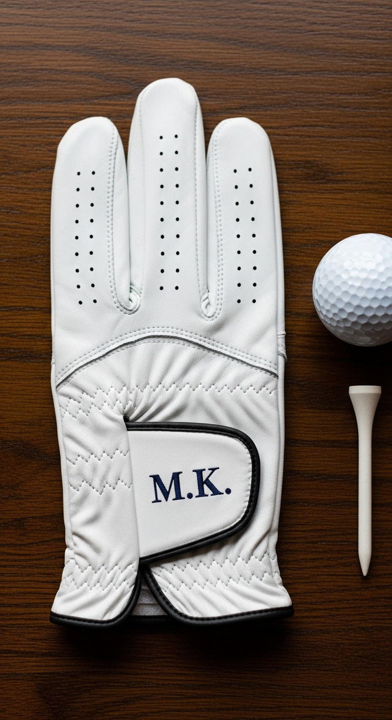 Personalized Premium White Cabretta Leather Golf Glove With Embroidered Initials On A Rustic Wooden Table
