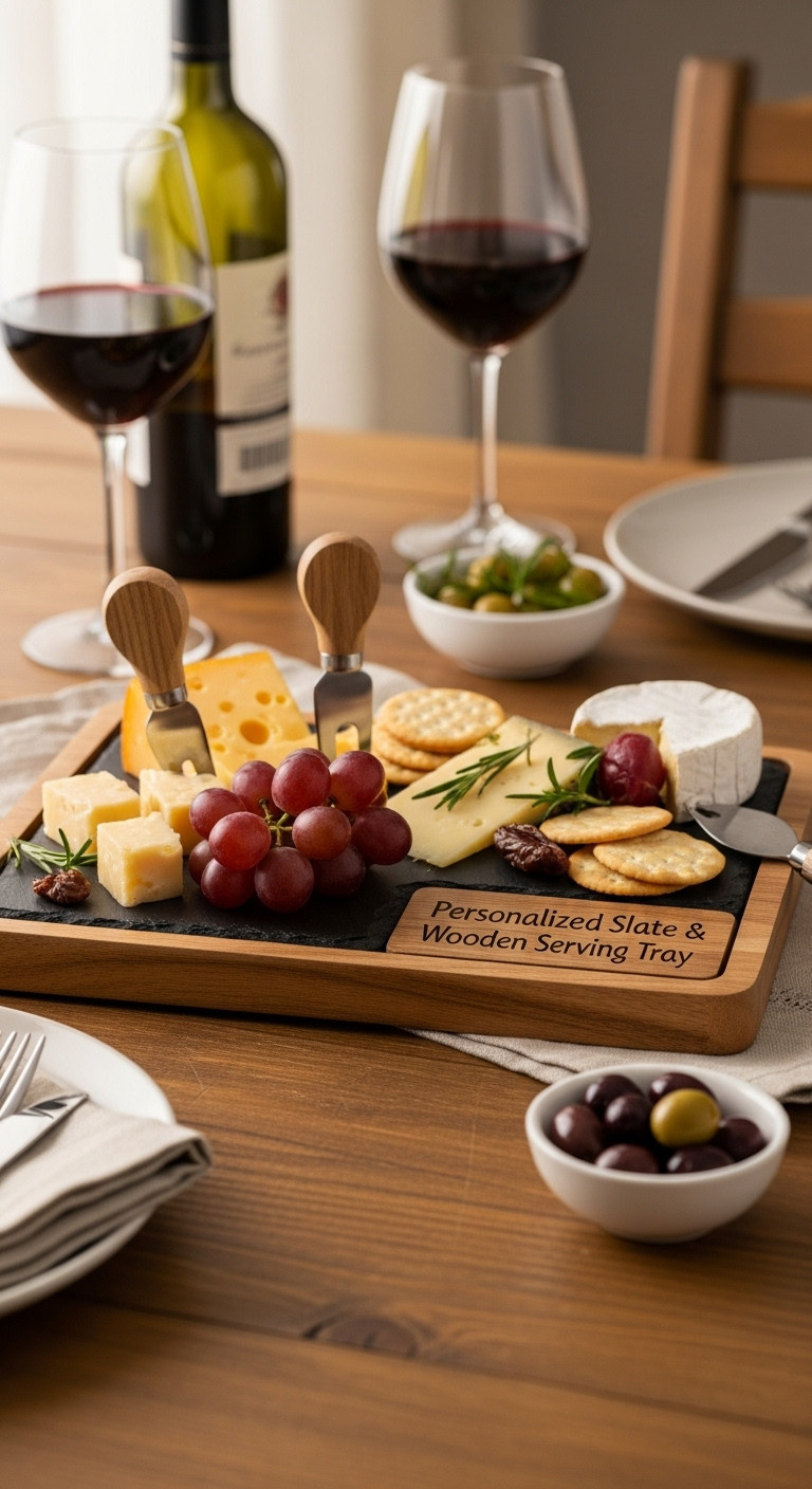Personalized Slate And Wooden Serving Tray With Cheese, Crackers, And Grapes On A Rustic Dining Table