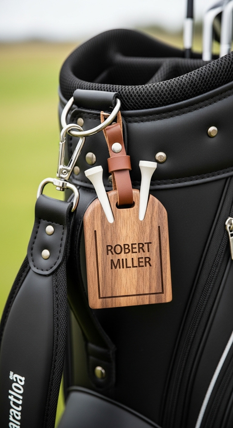 Personalized Wooden Golf Bag Tag With Engraved Name And Tees Attached To A Golf Bag
