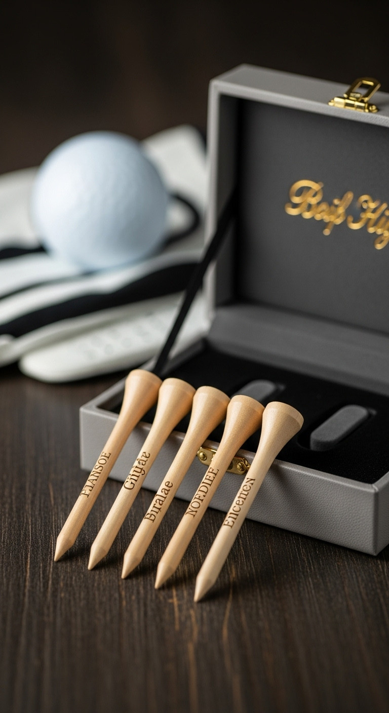 Personalized Wooden Golf Tees With Laser-Engraved Names In A Gray Leatherette Box On A Dark Wooden Surface