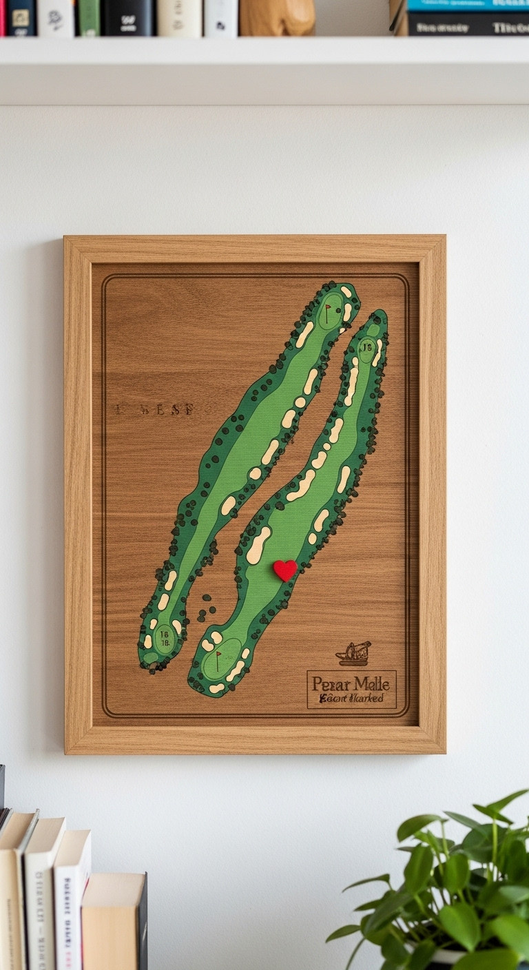Personalized Wooden Map Frame Of Augusta National With A Red Heart Marking The 18Th Green On A Home Office Wall