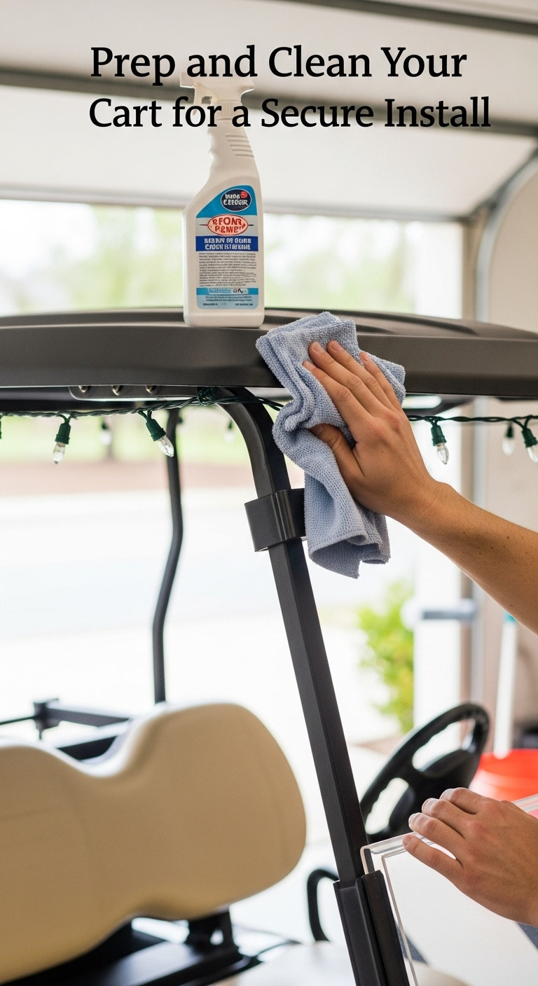 Person'S Hands Cleaning A Golf Cart Roof Support With A Microfiber Cloth Spray Bottle And Bucket In A Garage