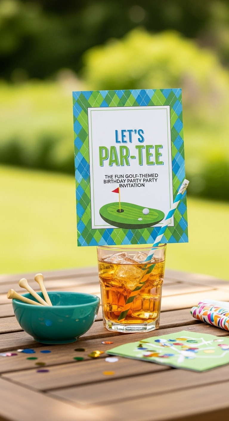 Playful Golf-Themed Birthday Invitation With Argyle Pattern Propped Against Iced Tea With Golf Tees And Pencil On Wooden Table