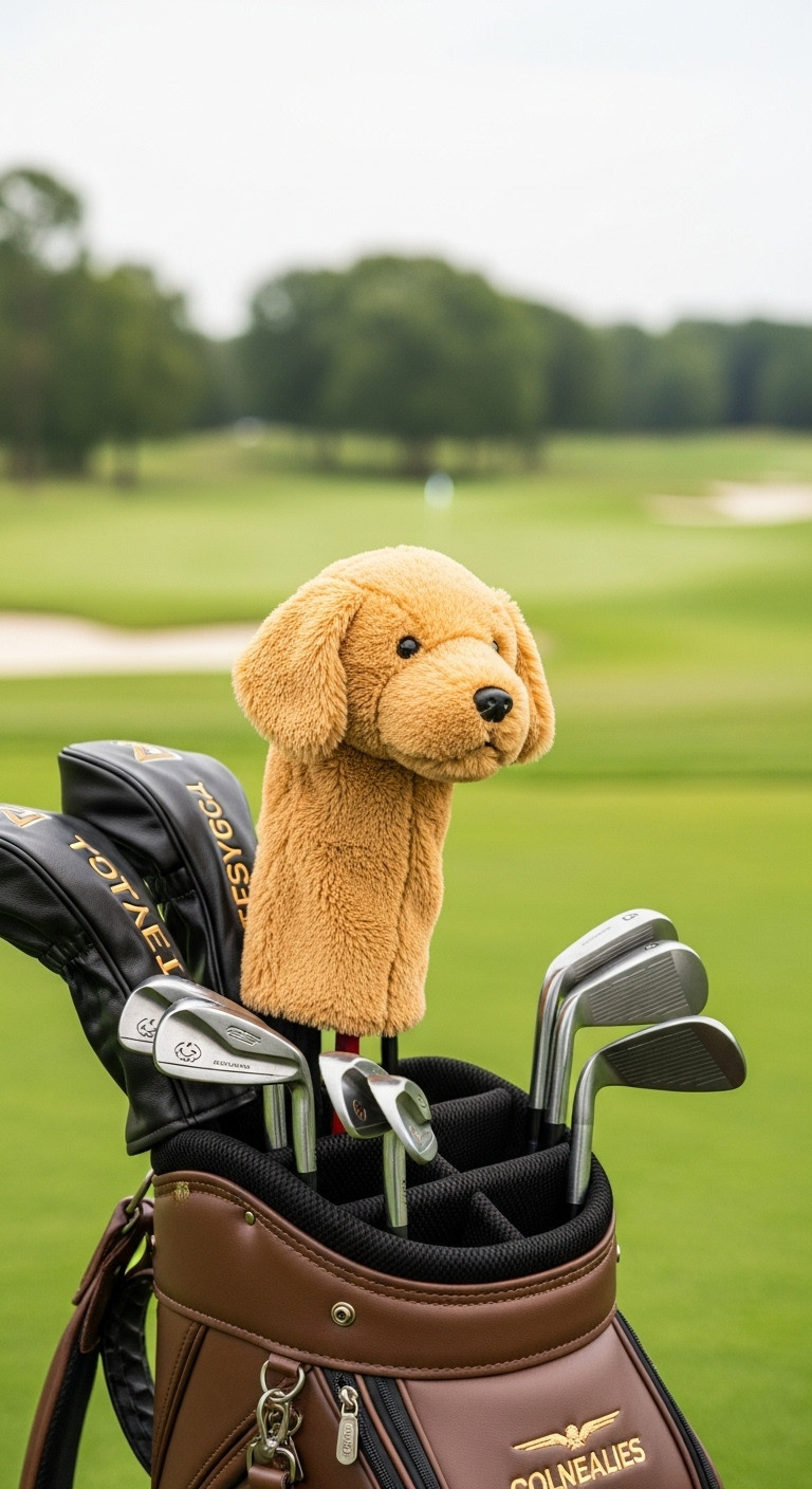Plush Golden Retriever Dog Golf Headcover Peeking From A Leather Golf Bag On A Golf Course