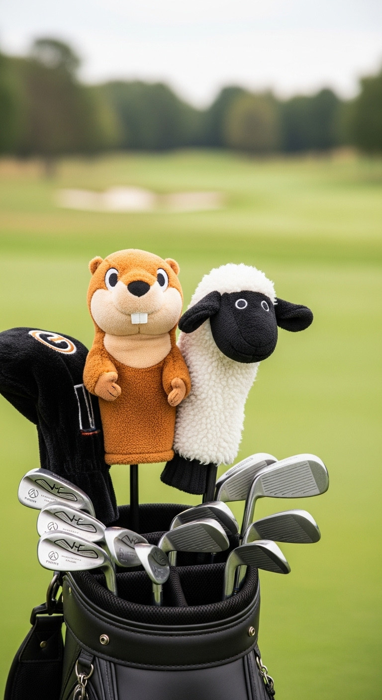 Plush Novelty Golf Head Cover Shaped Like A Funny Animal Peeking From A Golf Bag On A Blurred Course