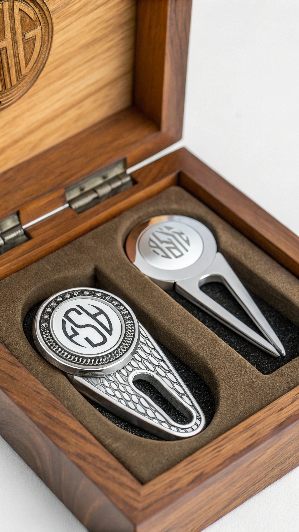Polished Stainless Steel Golf Ball Marker And Divot Tool Engraved With Initials In A Dark Wood Presentation Box With Golf Ball And Glove