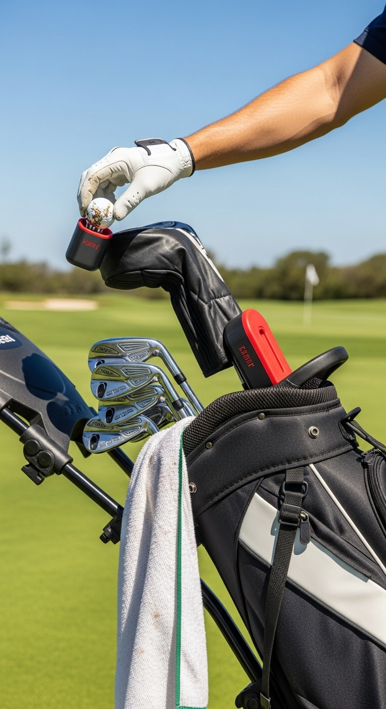 Portable Clip-On Golf Ball Washer On A Golf Bag With A Golfer Cleaning A Muddy Ball On A Green Fairway