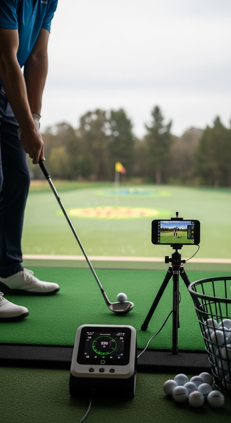 Portable Golf Launch Monitor And Smartphone Displaying Swing Data At A Driving Range With A Golfer In The Background