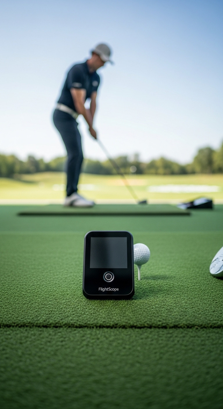 Portable Golf Launch Monitor On A Driving Range Mat With A Golfer Swinging In The Background