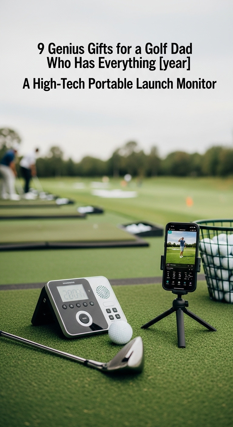 Portable Golf Launch Monitor With Smartphone Displaying Data On A Green Driving Range With Golf Club And Balls