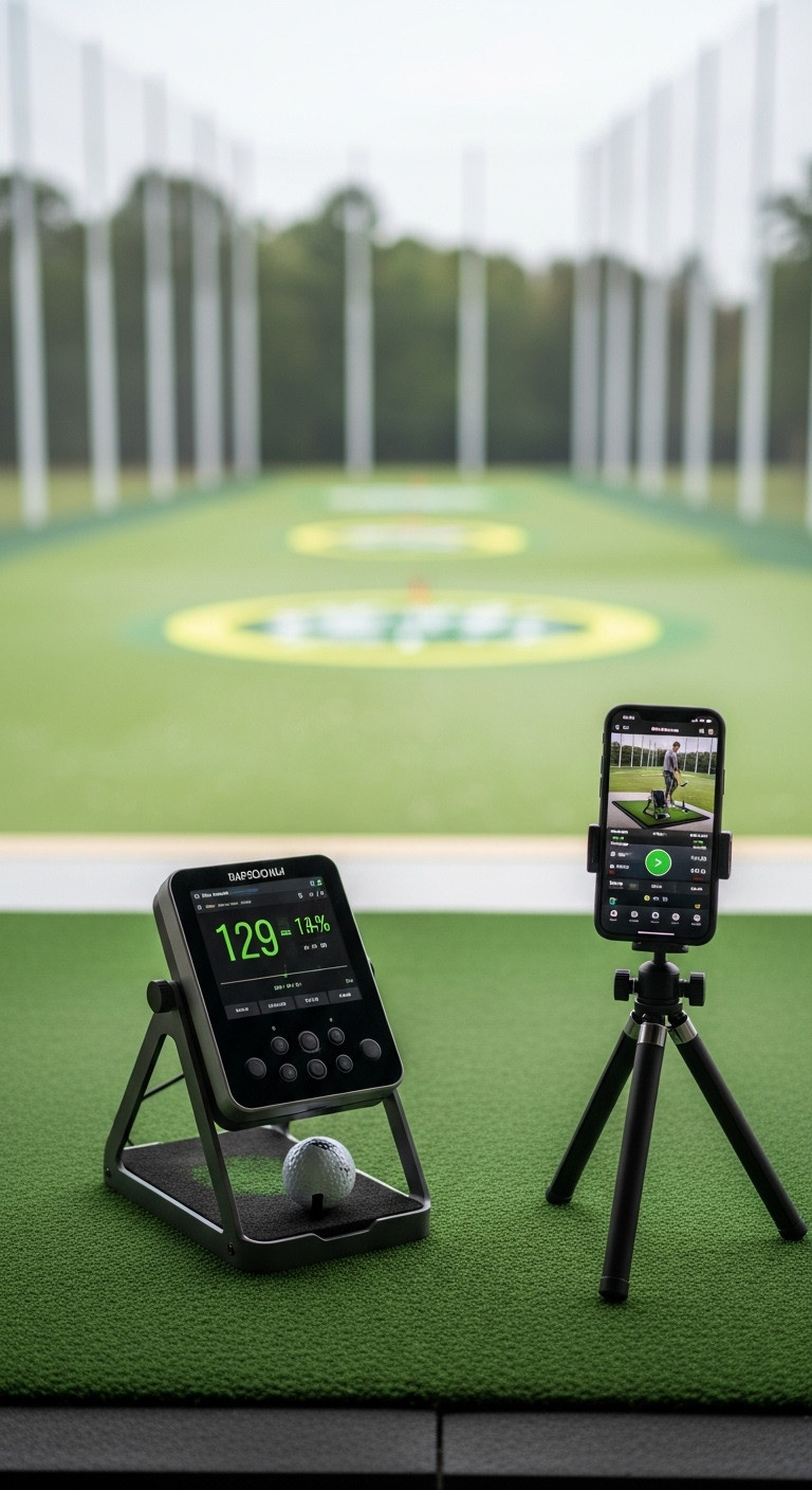 Portable Golf Launch Monitor With Smartphone Showing Swing Data On A Driving Range Mat